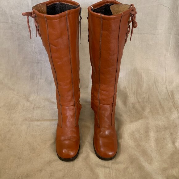 VINTAGE 1970s Brown Heeled Knee High Boots Women's Size 8 Fur Lined - Picture 7 of 9